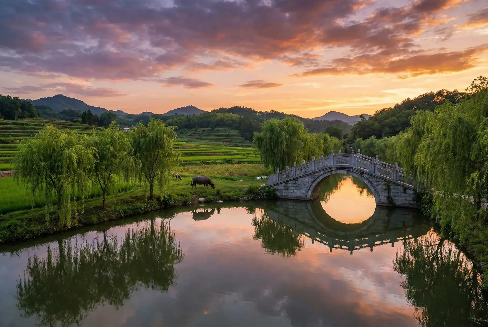 夕阳下的石拱桥与垂柳，水牛在河边吃草 - 婚前试爱2 乡村美景